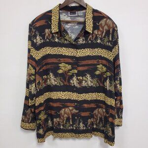 Maggie Barnes Womens Button Up Safari Top Size 22W Black Woodland Nature Artsy